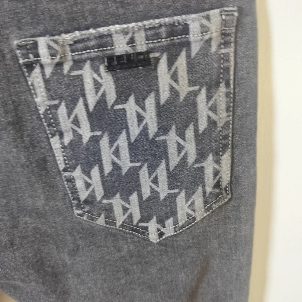 Fendi Roma Mens‎ Distressed Slim Fit Jeans Faded Black Monogram Pocket Italy